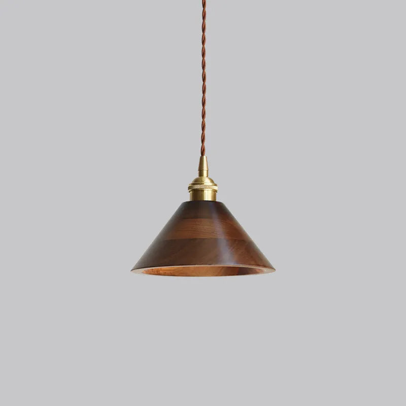 Single-head black walnut style droplight chandelier with copper wood art construction and E27 lamp holder.