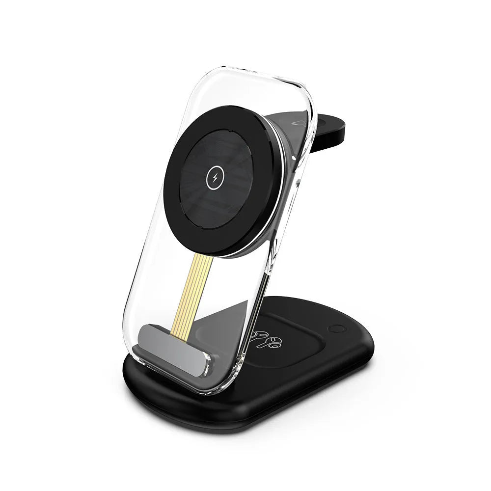 Transparent folding magnetic three-in-one wireless charger showing internal components