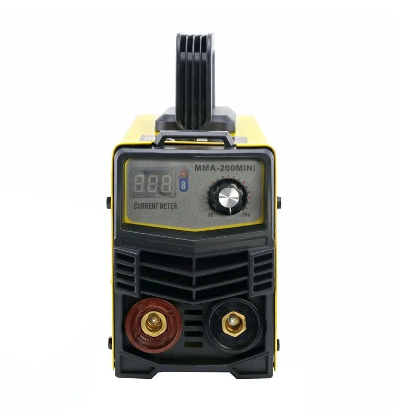 MMA-200MIN DC welding machine with welding tongs, clamp, face shield, and brush hangers on workbench