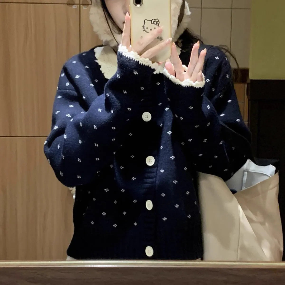 Retro Peter Pan collar floral patterned knitted cardigan coat in navy blue colour