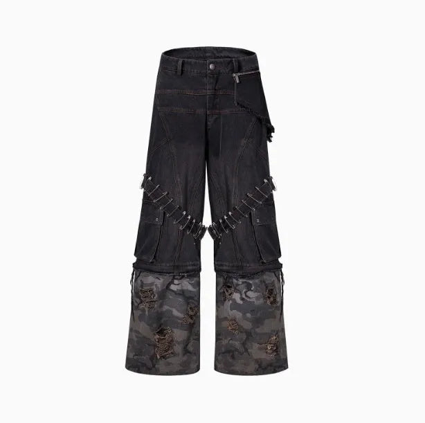 Grey men's camouflage print jeans with structural splicing and ribbon detailing on cotton denim.