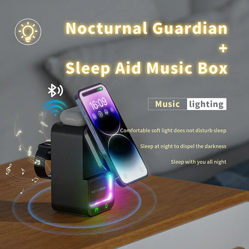 White Bluetooth speaker wireless charging station with QC3.0 fast charging capability