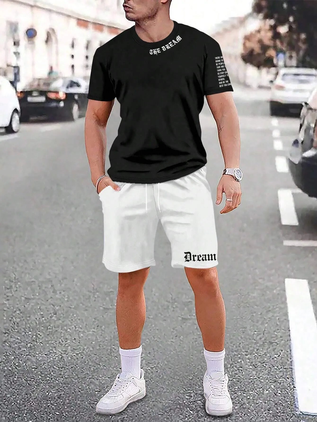 Sports style short-sleeved shorts set with printing pattern in polyester blend fabric