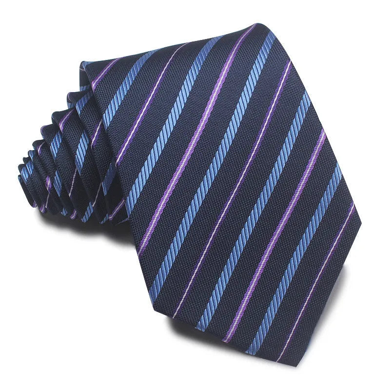 Men's red and black striped polyester jacquard tie with an arrow shape laid flat