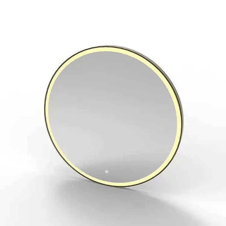 Round black aluminium frame LED bathroom mirror mounted on wall with touch control for dimmable lighting.