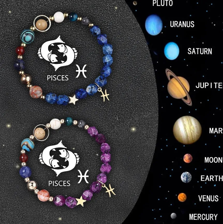 Natural stone bead zodiac bracelet set showing all twelve astrological signs