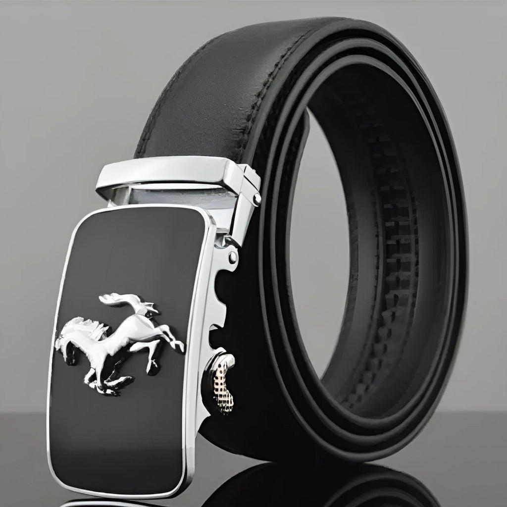 Men's leather belt with automatic buckle in cowhide, showing adjustable mechanism and pattern options