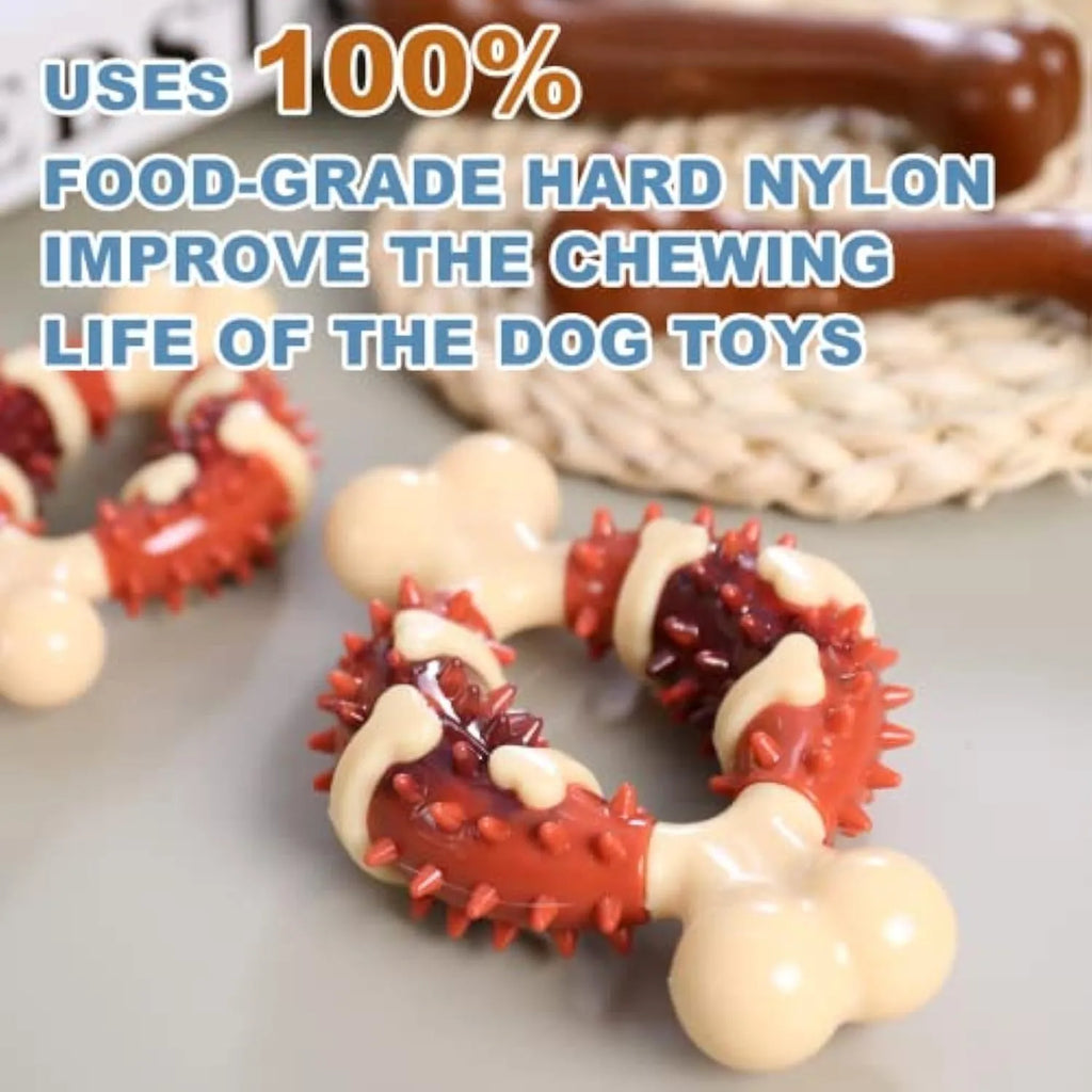 Natural rubber bone-shaped dog molar chew toy shown in two sizes for teeth grinding