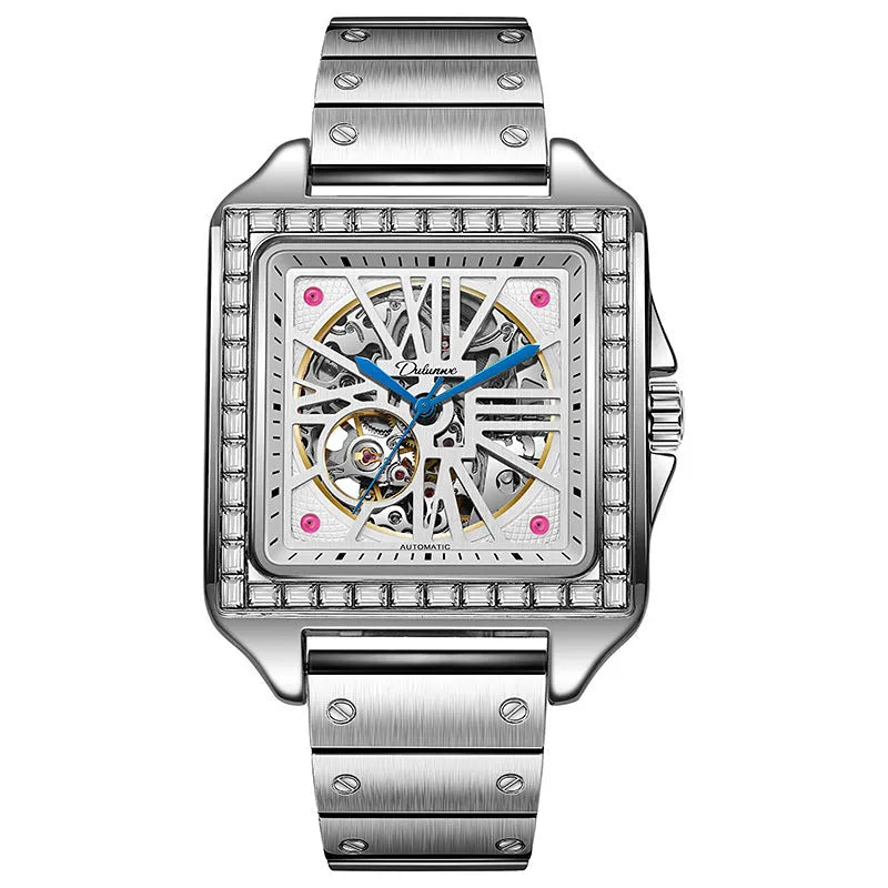Men's square automatic watch with diamond accents and steel belt in black and white colour options