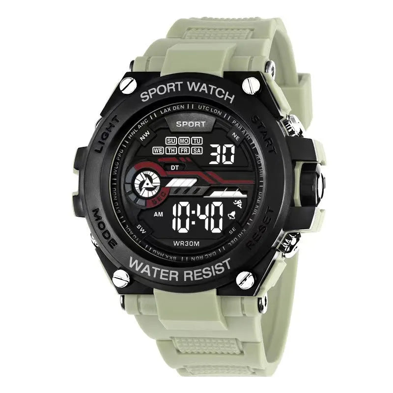 Fashion electronic digital watch with silicone strap shown in one of 10 available colours.