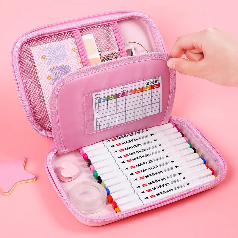 Canvas pencil case with cartoon dinosaur design square shape large capacity stationery organiser