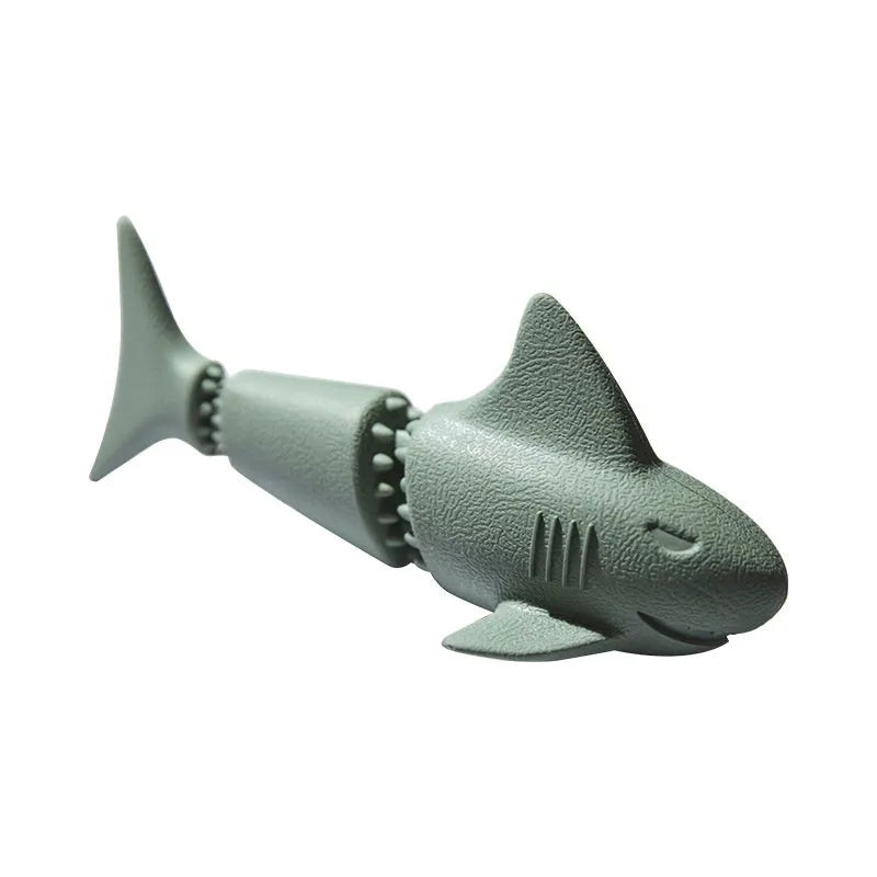 Deep sea shark shaped rubber dog toy in blue and green colour variations