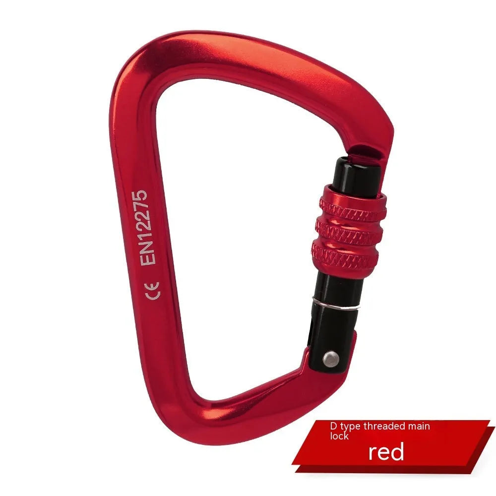 D-shaped climbing carabiner lock with automatic or threaded gate in colours: black, blue, orange, red, silver red.