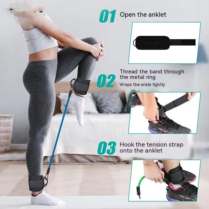 TPE resistance band set with three tension levels and foot loops for hip and leg exercises