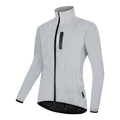Silver waterproof polyester long sleeved top shown on a hanger.