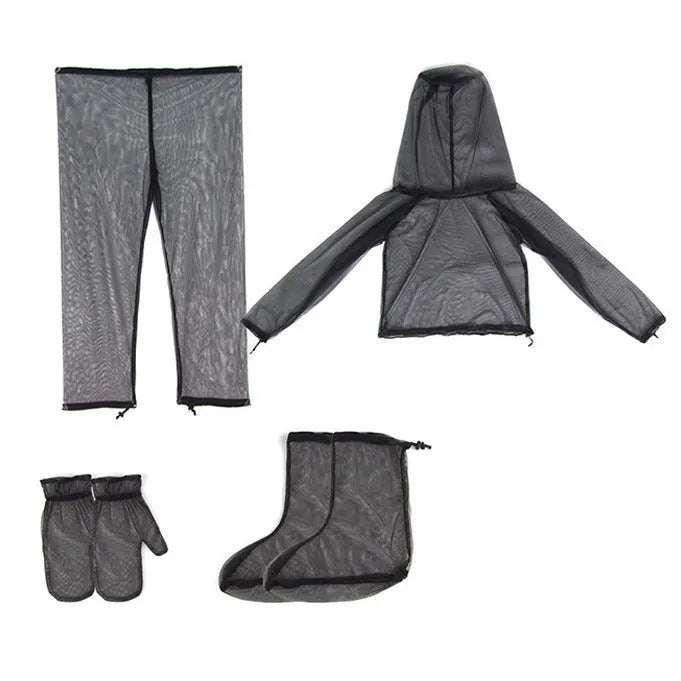 Four-piece anti-mosquito suit with hooded top, pants, and booties for outdoor summer activities