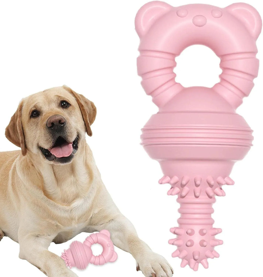 Blue rubber dog chew toy with textured surface and bell inside, shown next to a tape measure indicating 13.5cm diameter.