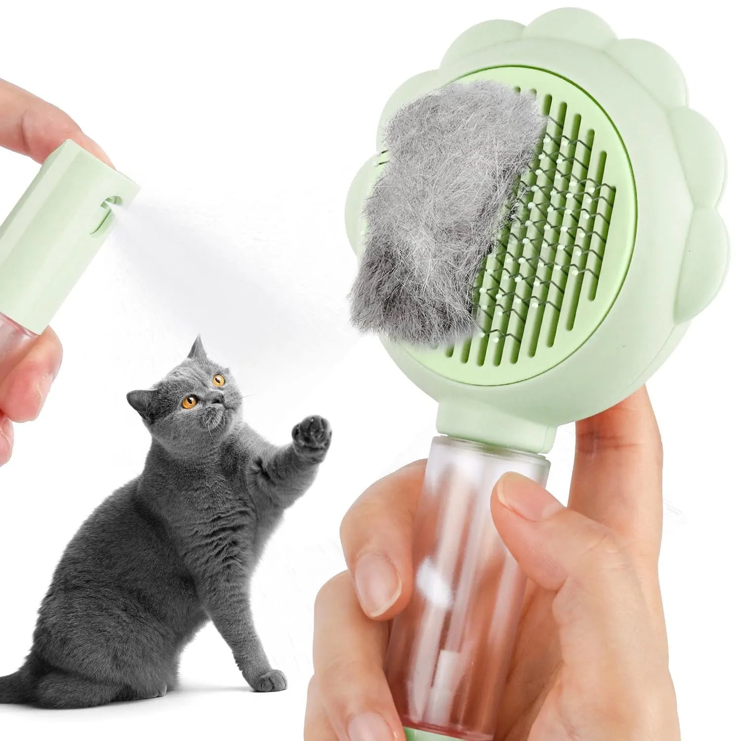 Grey spray cat grooming brush with self-cleaning button and water spray function.