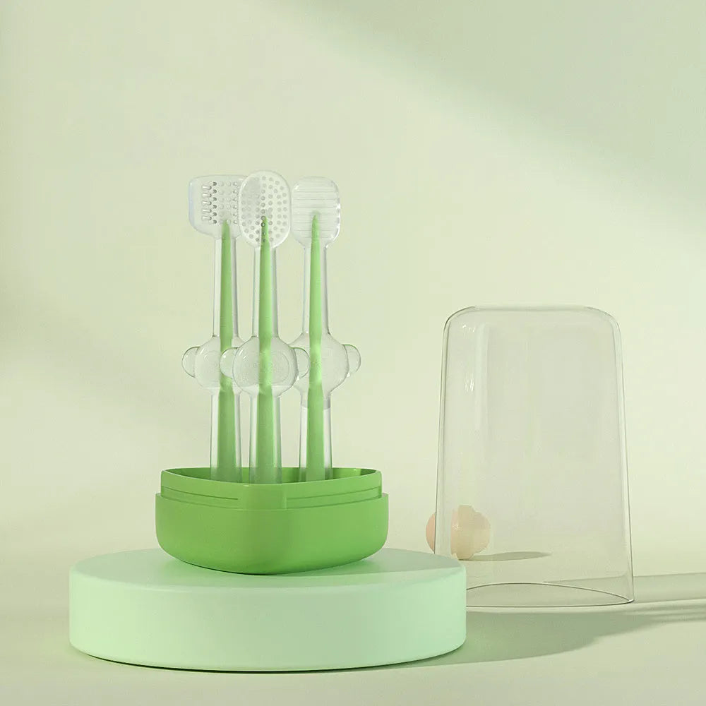 Silica gel pet toothbrush for cats and dogs in blue, green and purple colours