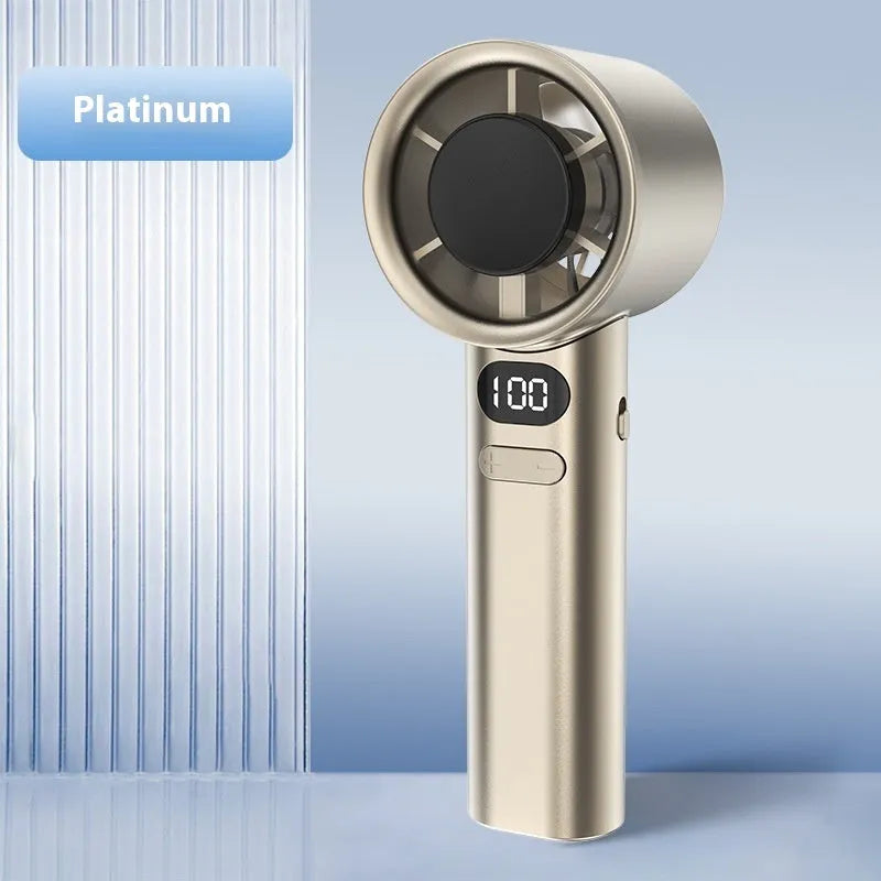 A handheld USB rechargeable fan with variable speed control in green, khaki, silver, or white colour.
