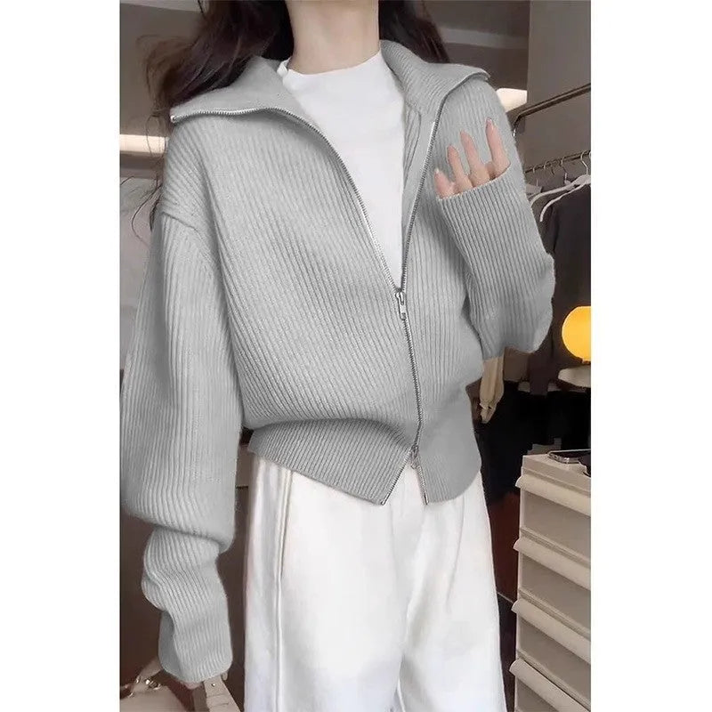 Hong Kong style double zipper knitted cardigan in loose fit with floral pattern