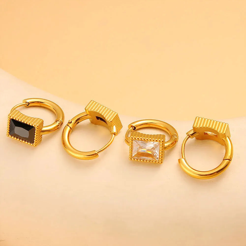 Geometric stainless steel earrings with square zircon stones in black, green, or white electroplated finishes