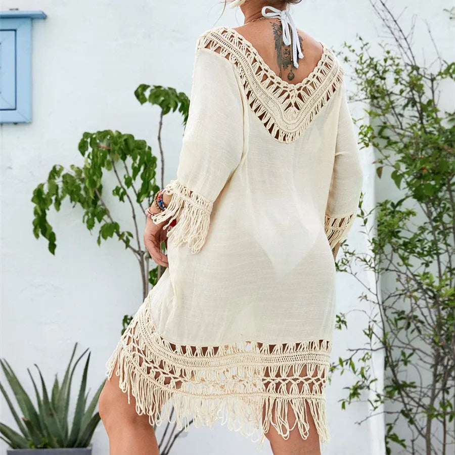 Apricot crocheted patchwork midi dress with half sleeves for summer beach or street wear