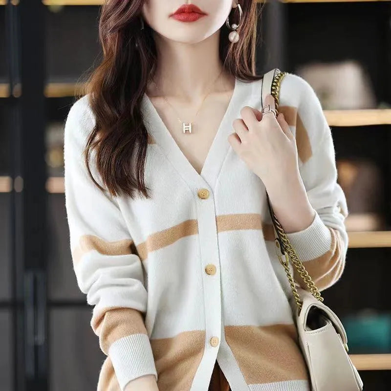 Women's 3D striped knitted cardigan with V-neck and buttons in black and white, green, camel, or black apricot.
