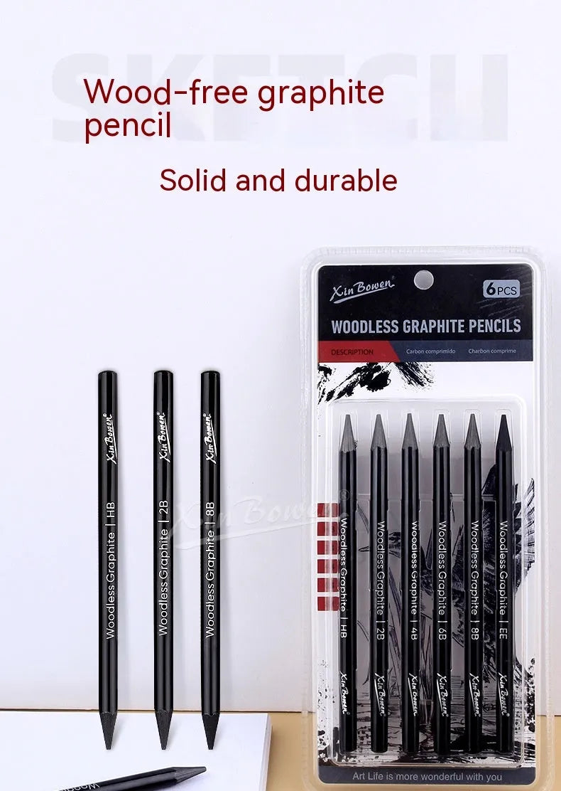 Wood-free graphite sketching pencils set with six hardness grades for art projects