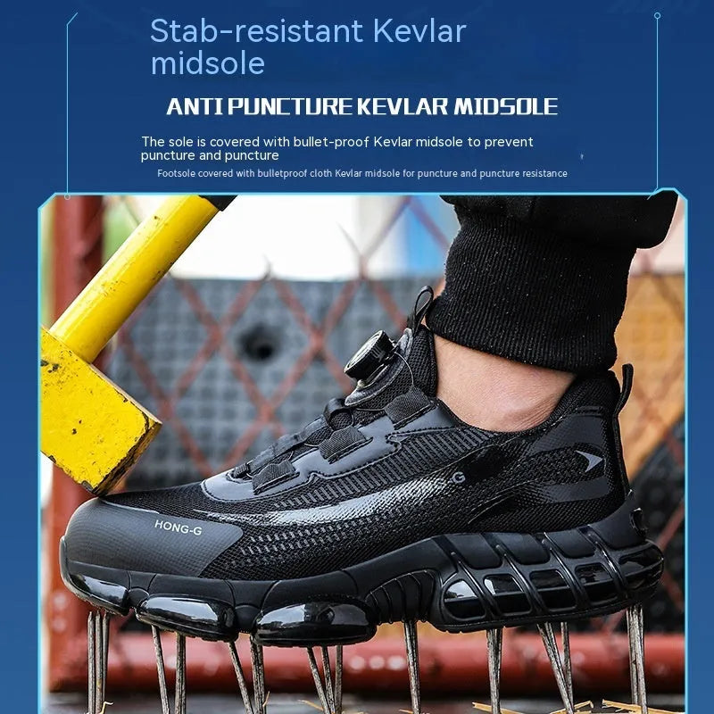 Low-top Flyknit safety work shoes with front lacing and a steel toe cap in black grey colour.