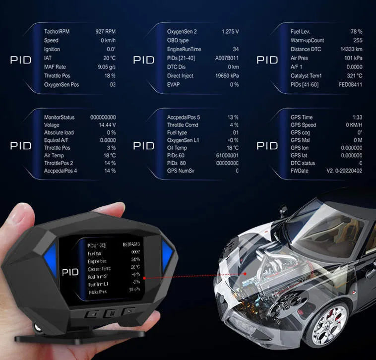 P1 black vehicle heads-up display unit with LCD screen, measuring 147mm wide