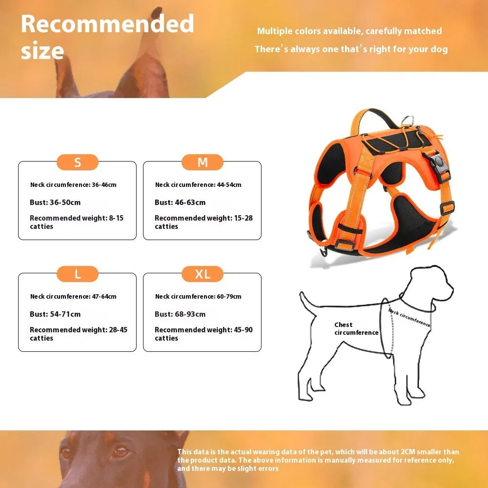 Reflective dog harness with explosion-proof hand-holding rope in orange colour showing vest design and secure grip