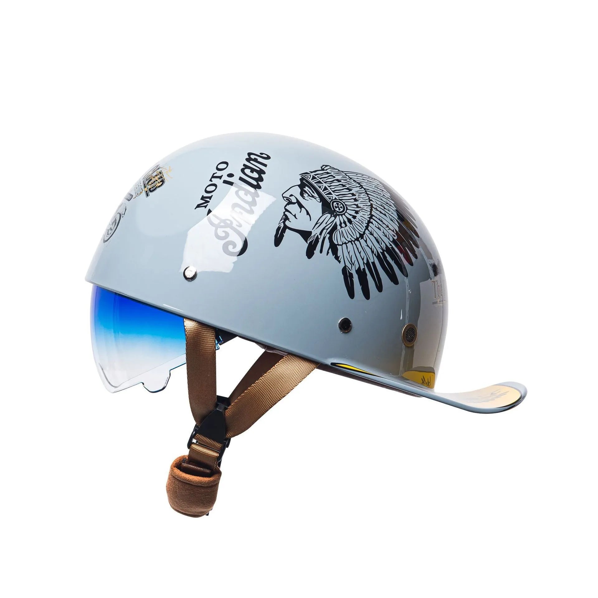 Men's retro electric bicycle half helmet in bright black with gradient blue lens