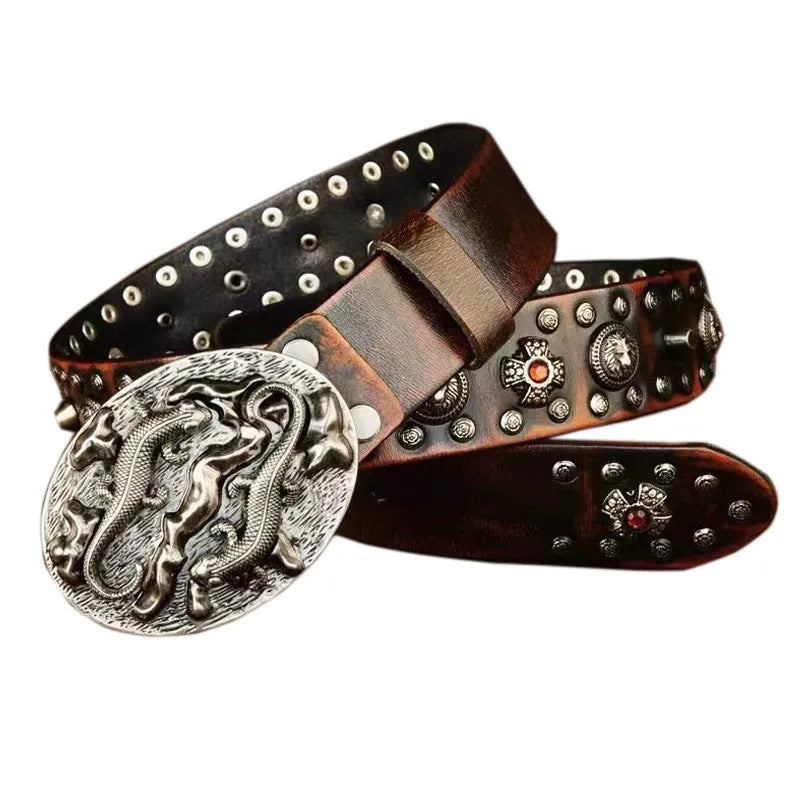Men's genuine leather belt with punk rivets and alloy buckle in a retro colour