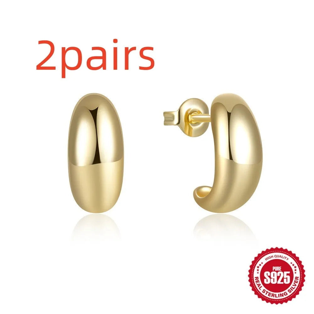 S925 sterling silver C-shaped geometric stud earrings with glossy electroplated gold or silver finish