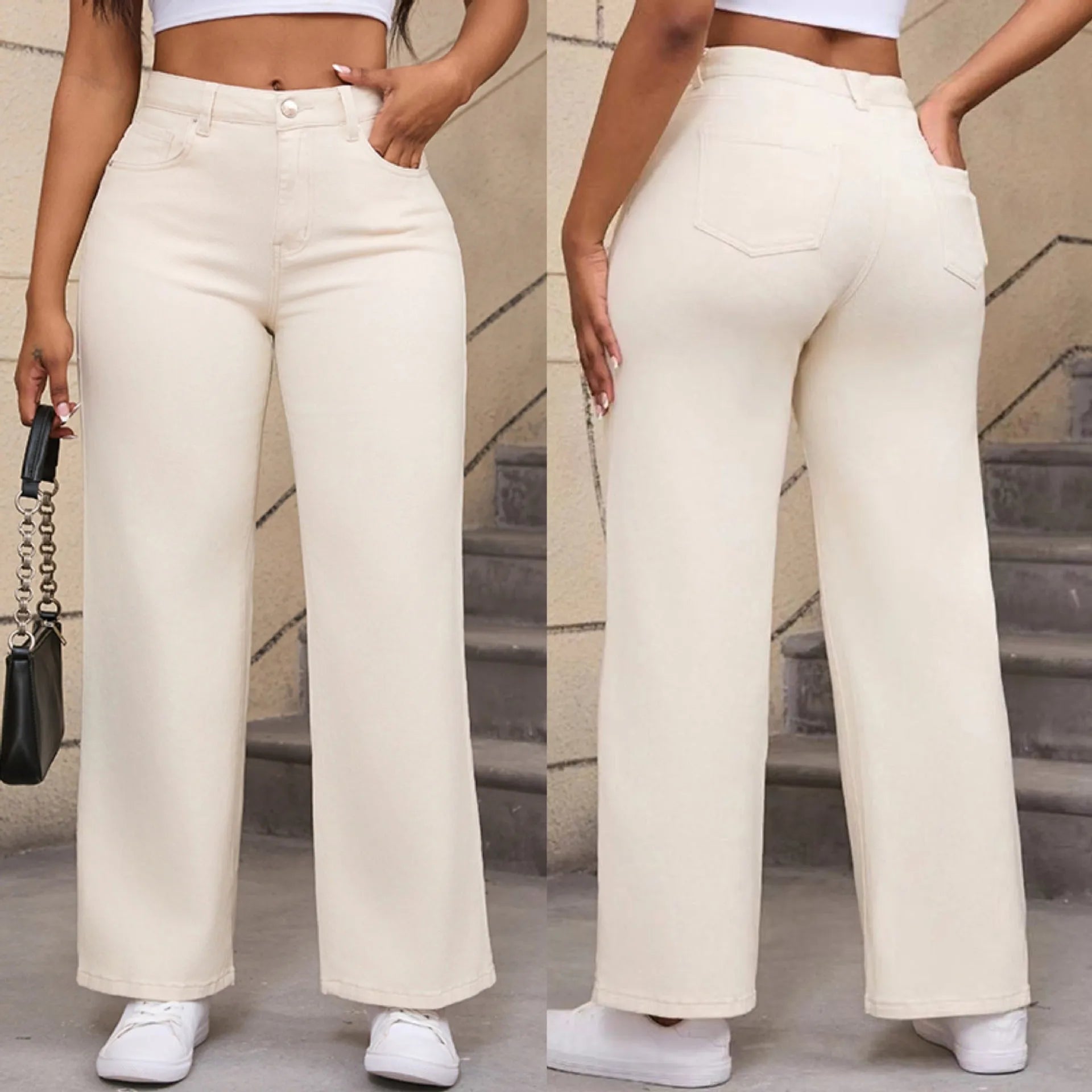 Women's high-waist straight leg wide jeans in apricot colour on a hanger.