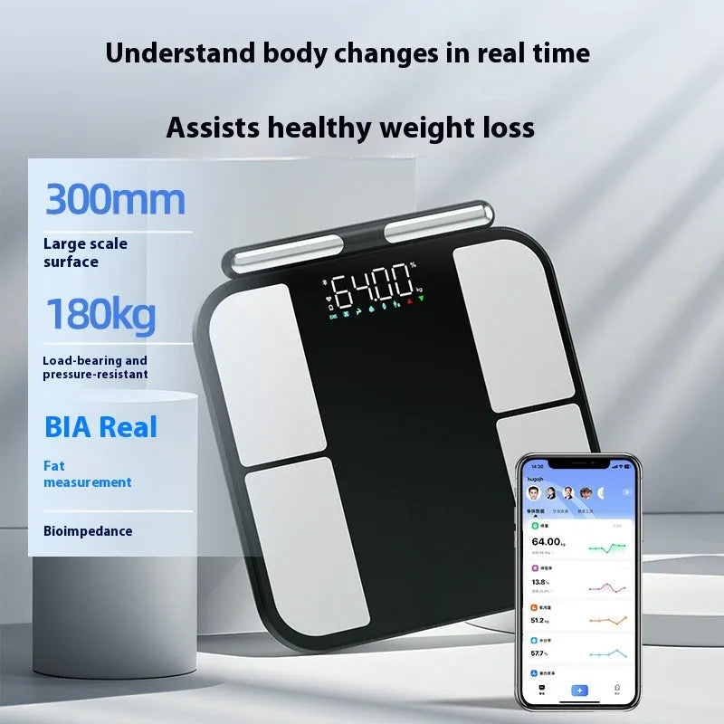 Black electronic weighing scale with a large tempered glass platform and colour touchscreen display.