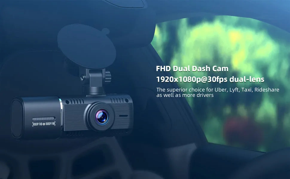 Black dual-channel dash cam on a car windscreen with front and rear recording, 1.5-inch screen.