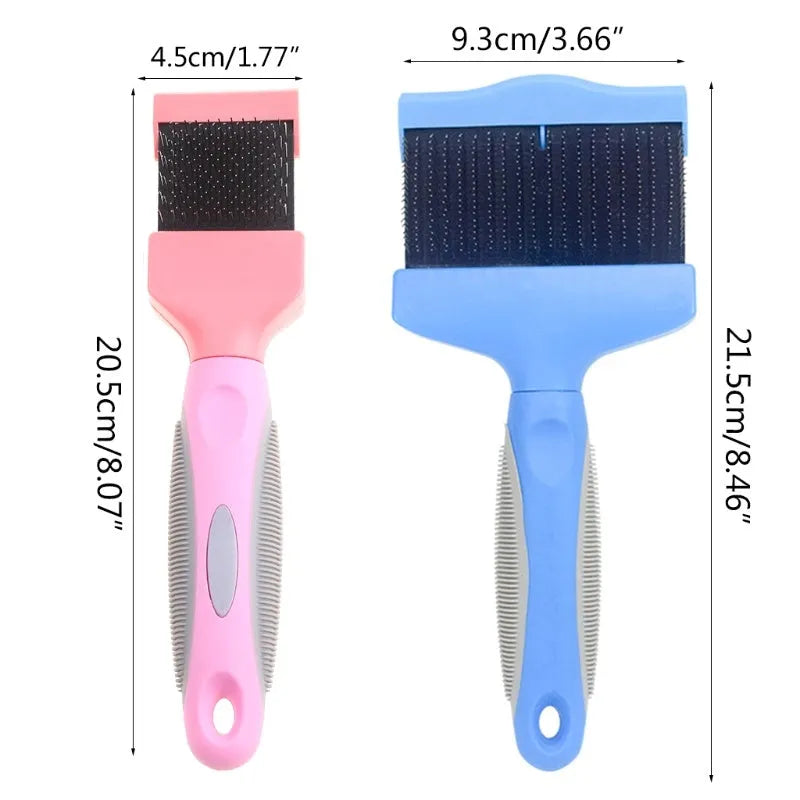 Double-sided stainless steel pet brush with blue handle showing both flexible and firm pin sides