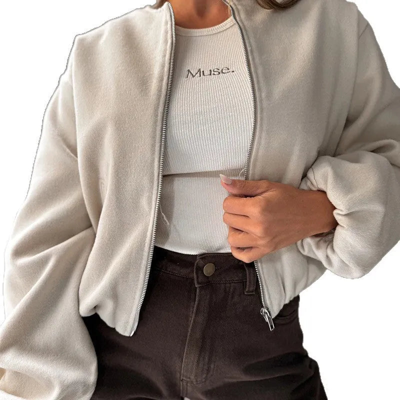 Women's off-shoulder short coat with lantern sleeves in polyester fabric, brown colour
