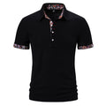 Men's white short sleeve polo shirt with colour stitching on the turnover neck collar