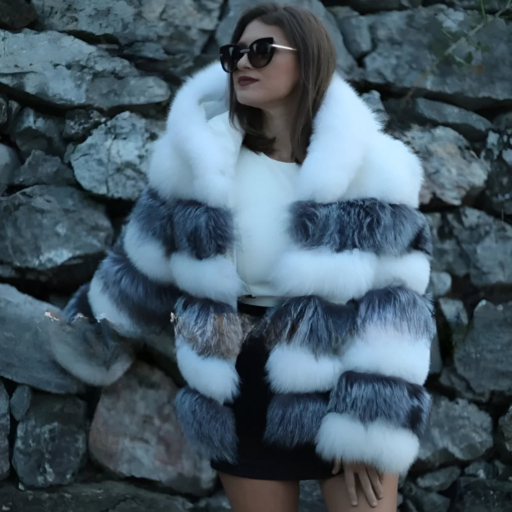 Women's loose artificial fur coat with hood in brown and white silver fox colour options, shown at 65cm length.