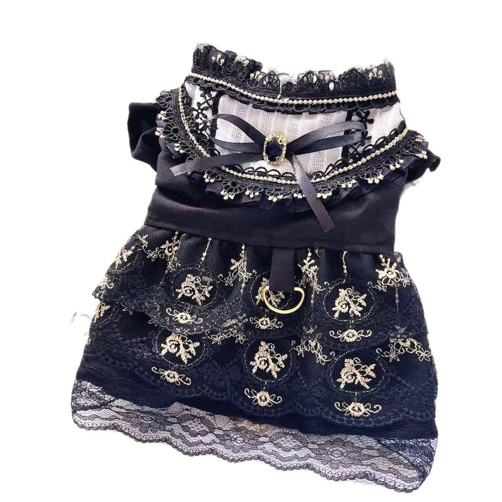 Gold Gothic princess style dress for a small dog or cat on a mannequin.