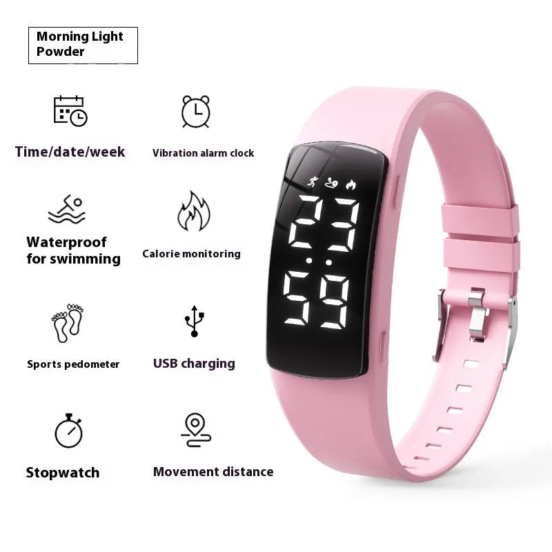 Vibration alarm clock watch with LED display on silicone strap showing multiple colour options