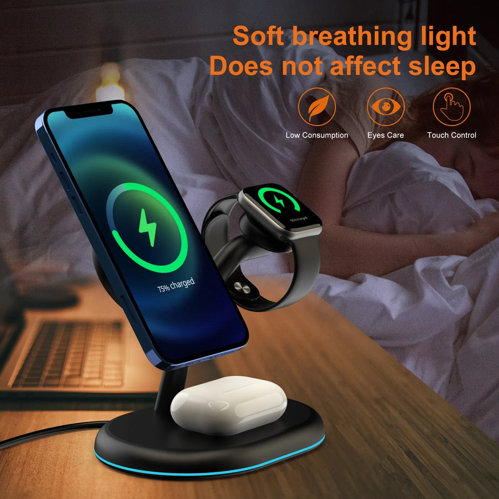 Black three-in-one magnetic wireless charger with ABS plastic housing showing charging surface