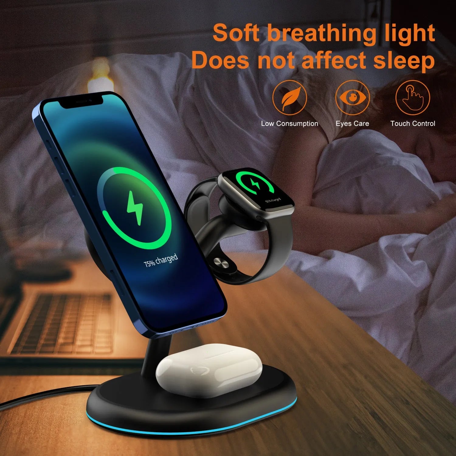 Black three-in-one magnetic wireless charger with ABS plastic housing showing charging surface