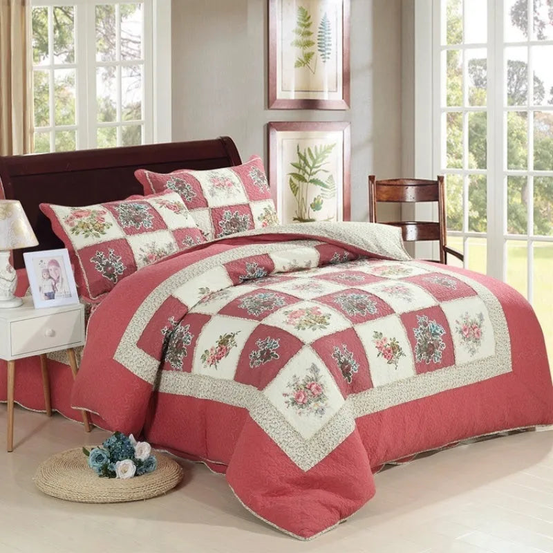 Pure cotton quilted bedspread and pillowcase set in a chosen pattern, laid flat on a bed.