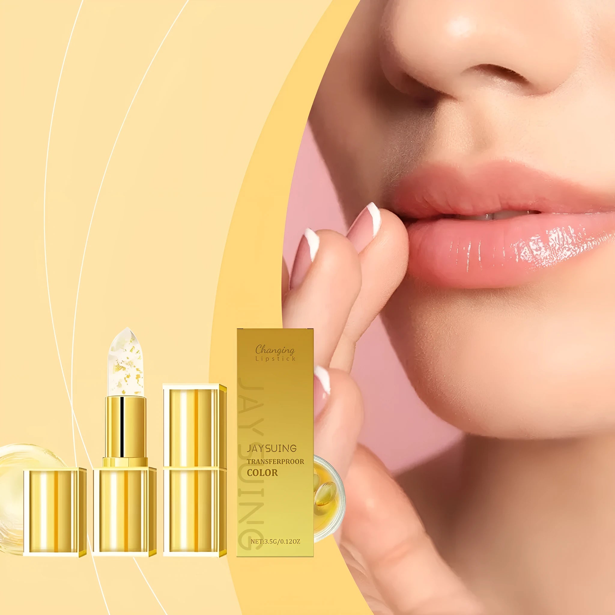 Gold foil discoloration nourishing lipstick tube showing 3.5g net content and vitamin E ingredients