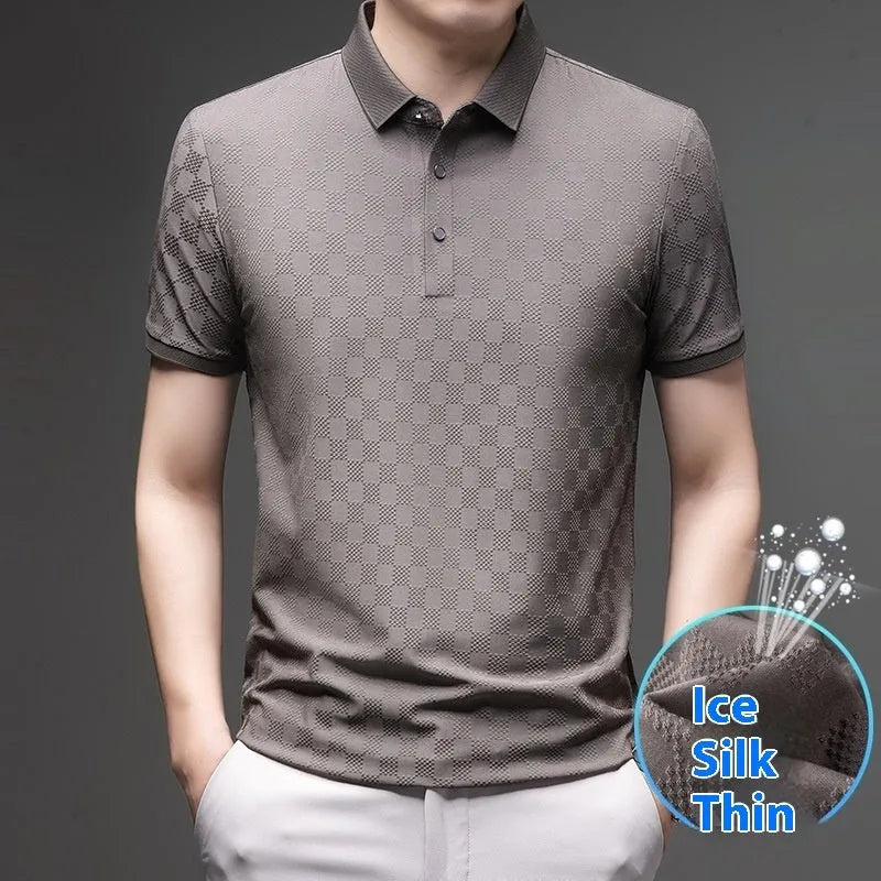 Rhombus thin Ice Silk short sleeve T-shirt in black, showing slit detail and fabric texture.