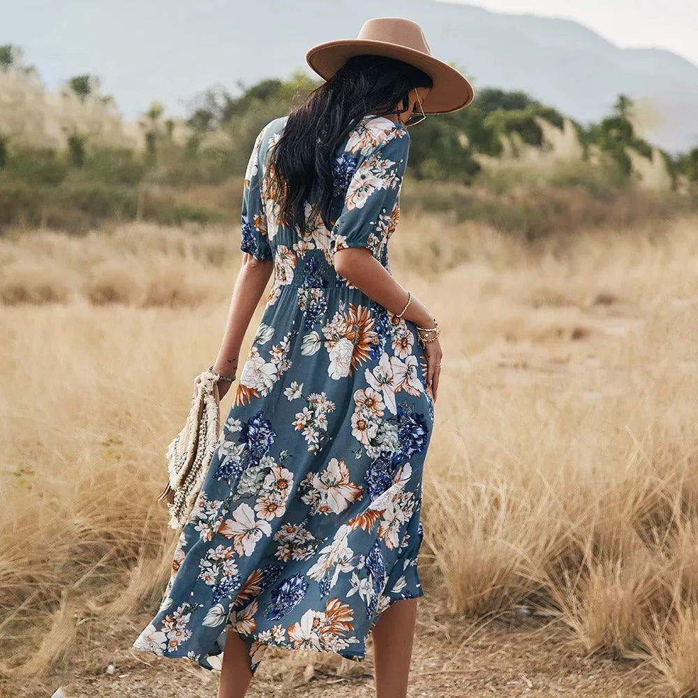 Women's floral print V-neck dress with elastic high waist and short sleeves in yellow